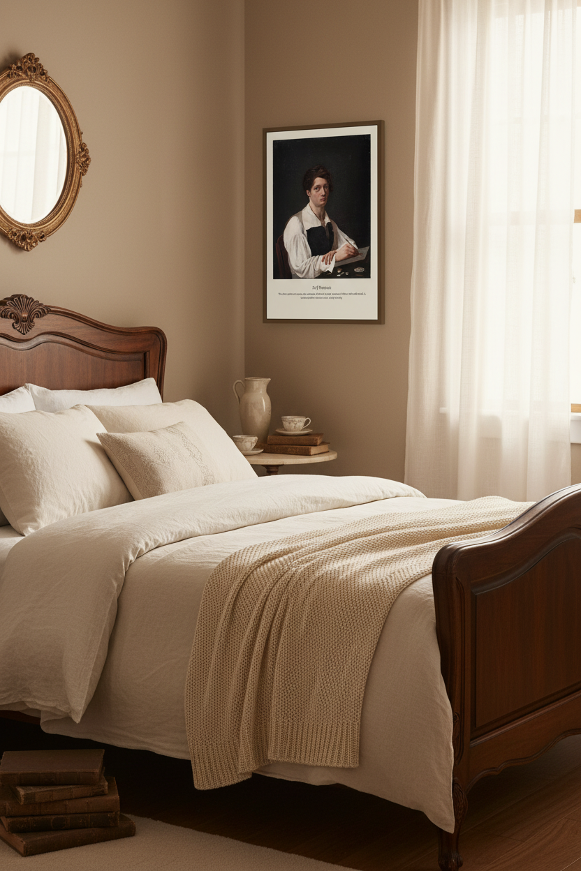 A framed art print of a classical portrait hangs on a beige wall above a wooden dresser in a styled bedroom setting.