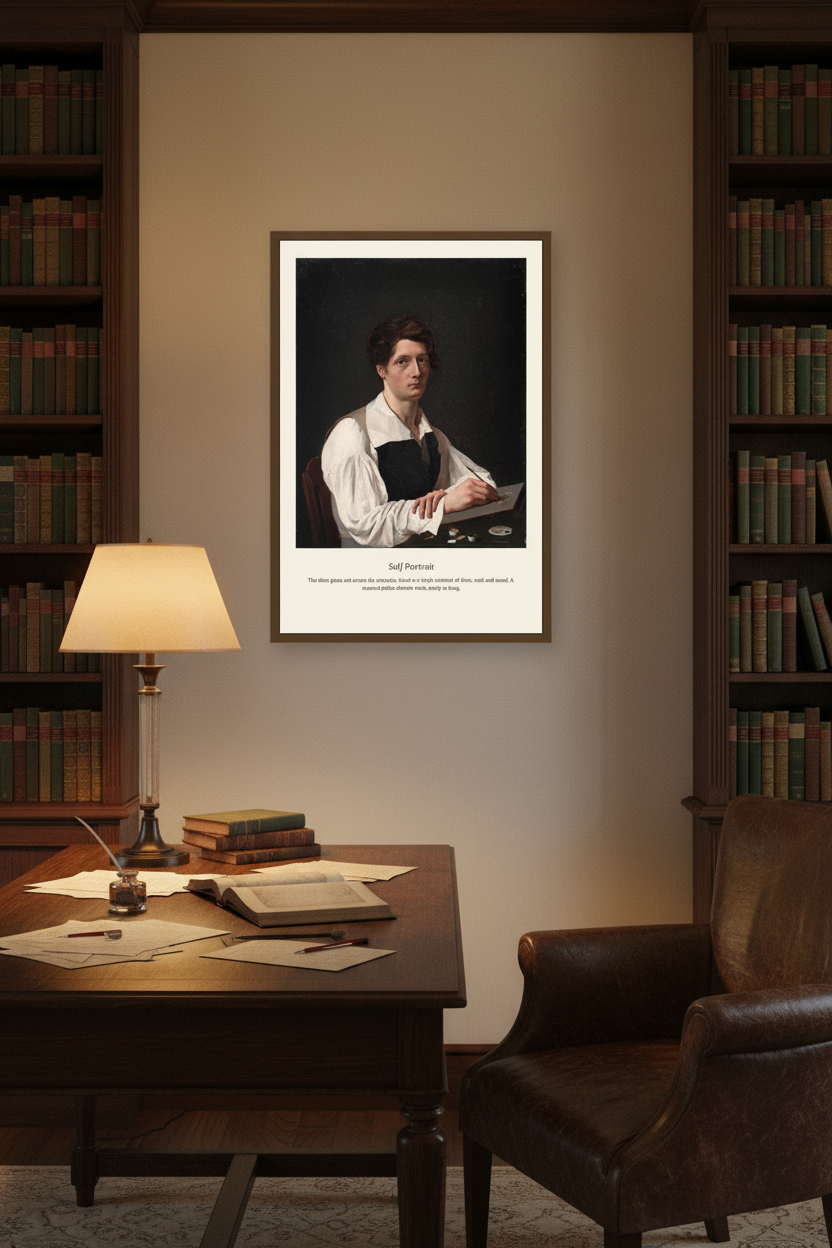 A framed art print of a classical portrait hangs on a beige wall above a wooden dresser in a styled bedroom setting.