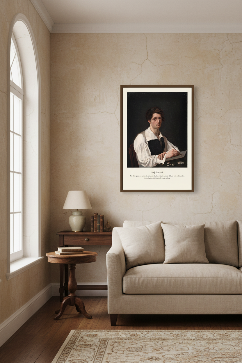 A framed art print of a classical portrait hangs on a beige wall above a wooden dresser in a styled bedroom setting.