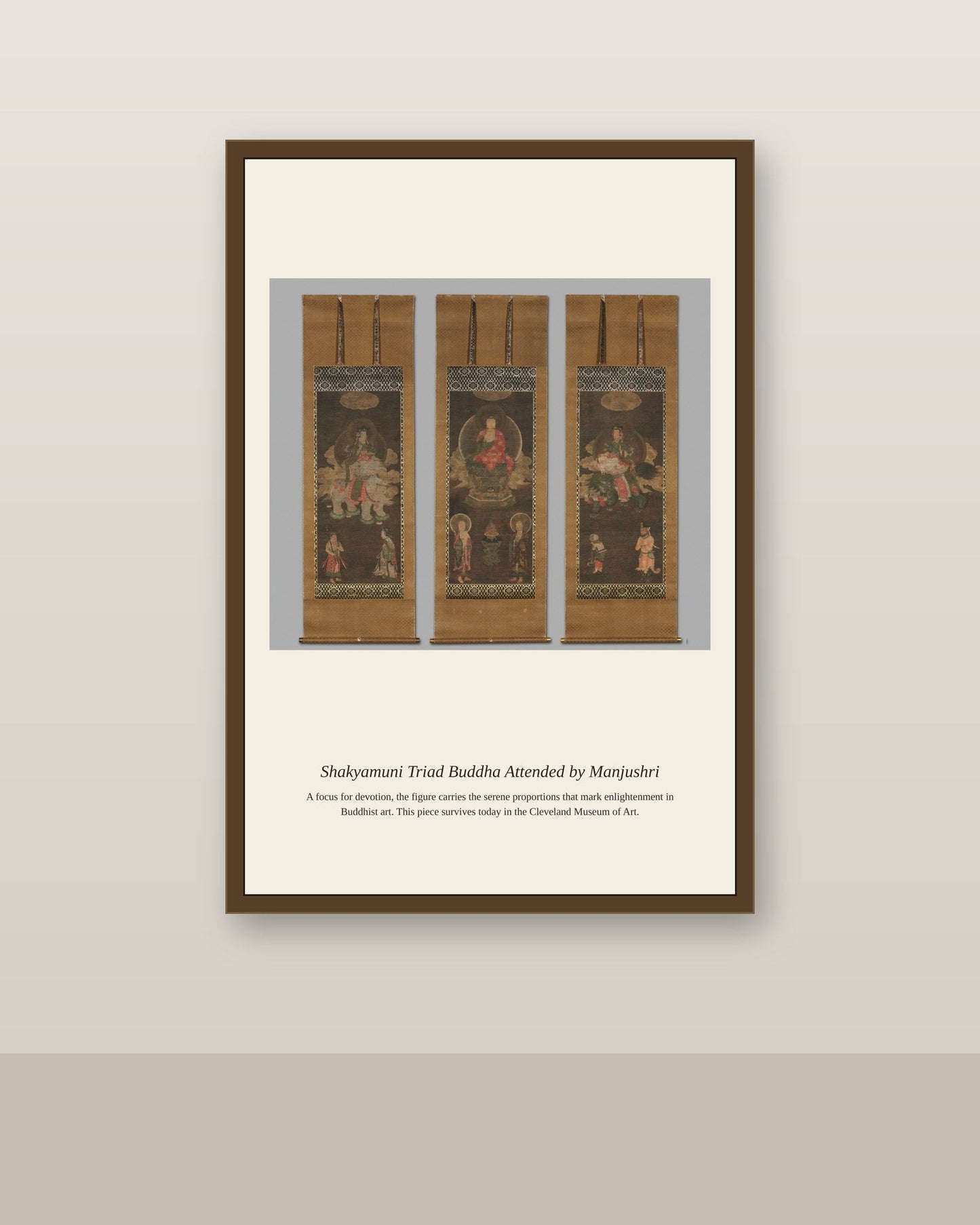 Shakyamuni Triad Buddha Attended antique religious art print shown framed on a wall in a styled room