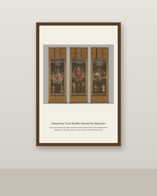 Shakyamuni Triad Buddha Attended antique religious art print shown framed on a wall in a styled room