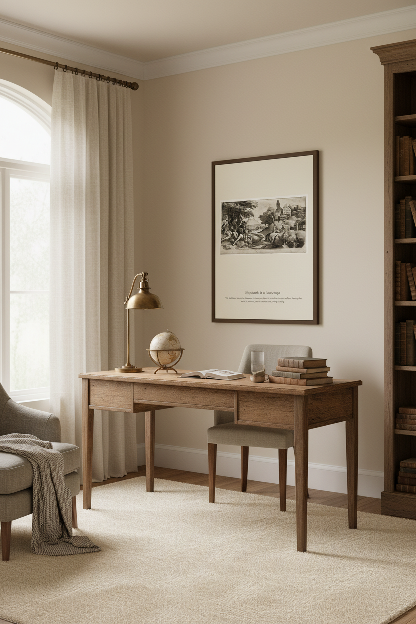 A styled home office interior featuring a mid-century modern wooden writing desk with a matching chair, a brass desk lamp, and a framed black-and-white landscape print on the beige wall.
