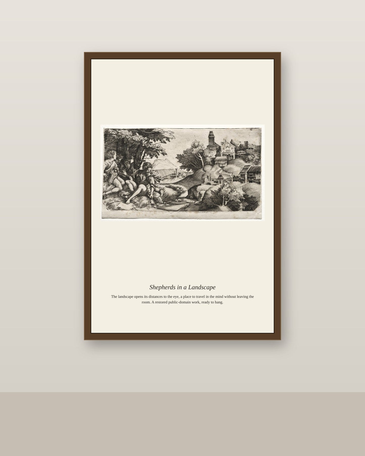 Shepherds in a Landscape antique landscape print shown framed on a wall in a styled room