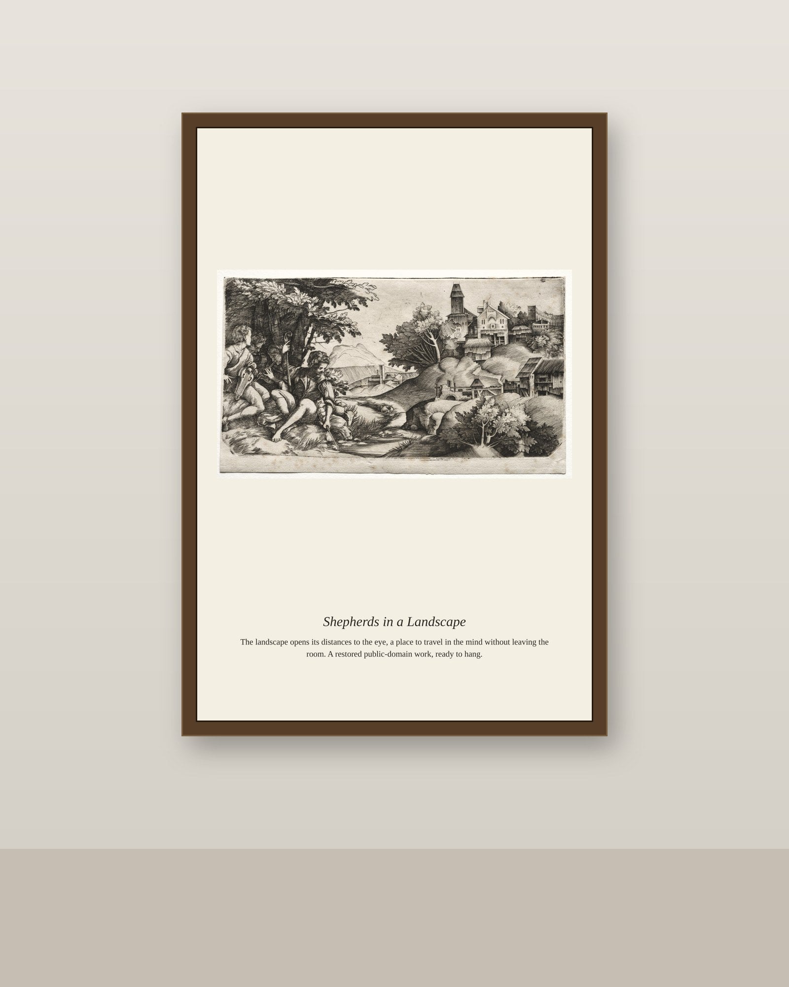 Shepherds in a Landscape antique landscape print shown framed on a wall in a styled room