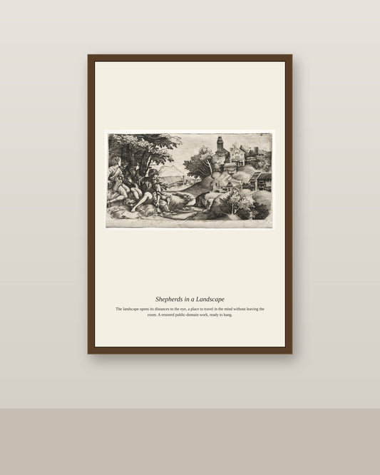 Shepherds in a Landscape antique landscape print shown framed on a wall in a styled room