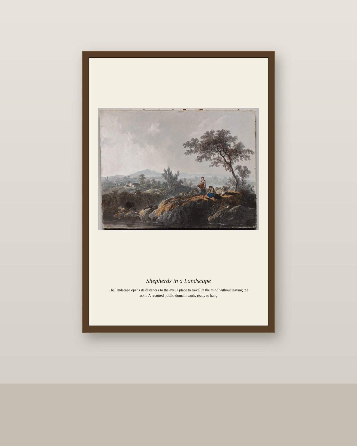 Shepherds in a Landscape (2) antique landscape print shown framed on a wall in a styled room