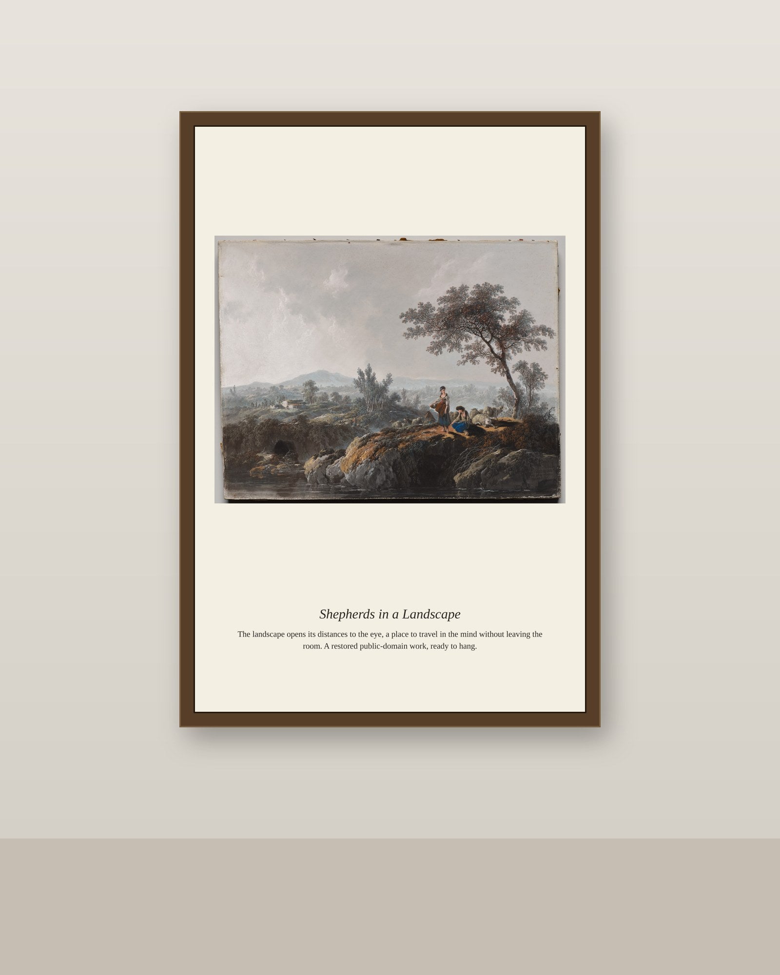Shepherds in a Landscape (2) antique landscape print shown framed on a wall in a styled room