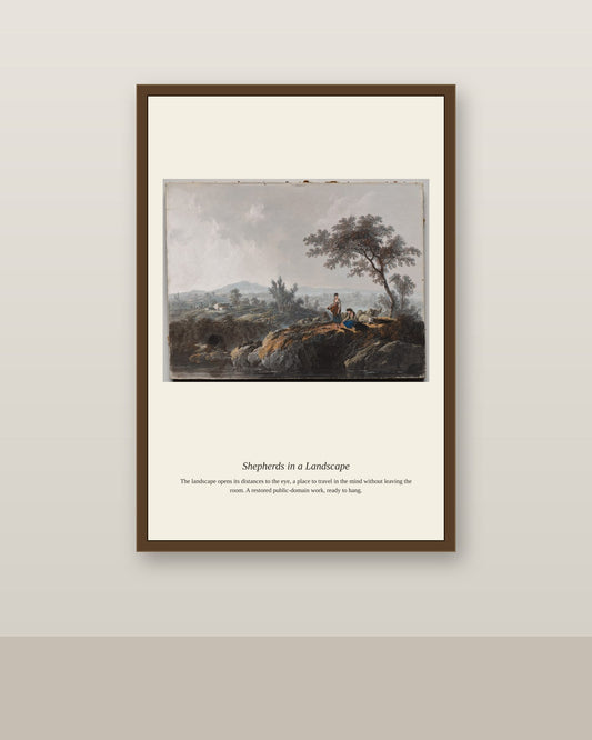 Shepherds in a Landscape (2) antique landscape print shown framed on a wall in a styled room