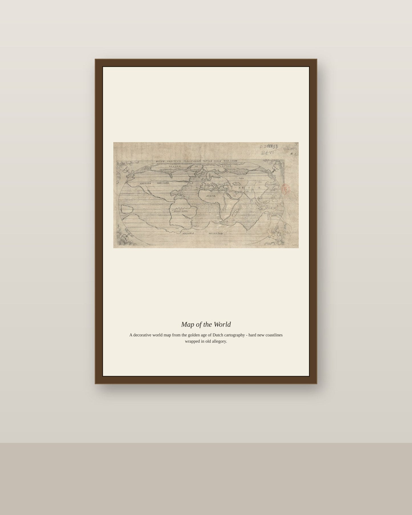 Situs Partium Praecipuarum Totius Orbis antique world map print shown framed on a wall in a styled room