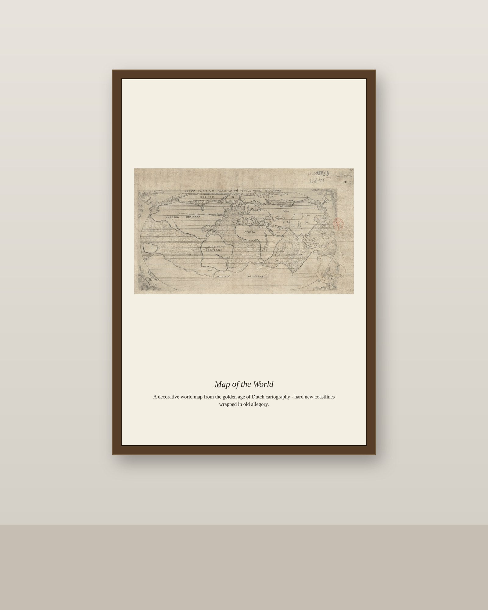 Situs Partium Praecipuarum Totius Orbis antique world map print shown framed on a wall in a styled room