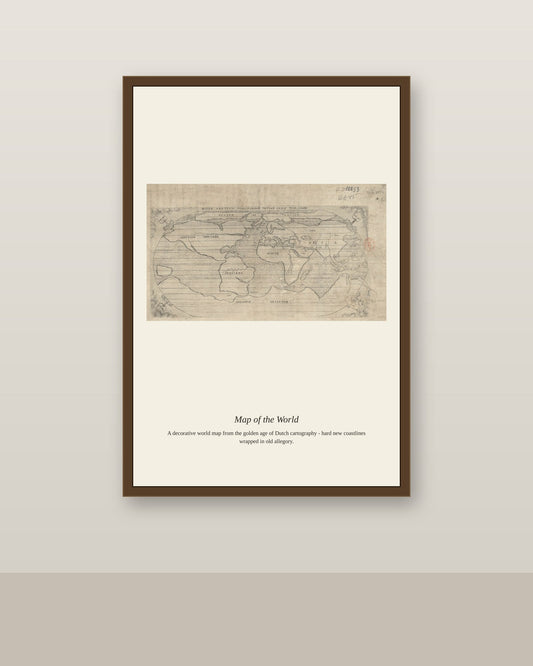 Situs Partium Praecipuarum Totius Orbis antique world map print shown framed on a wall in a styled room
