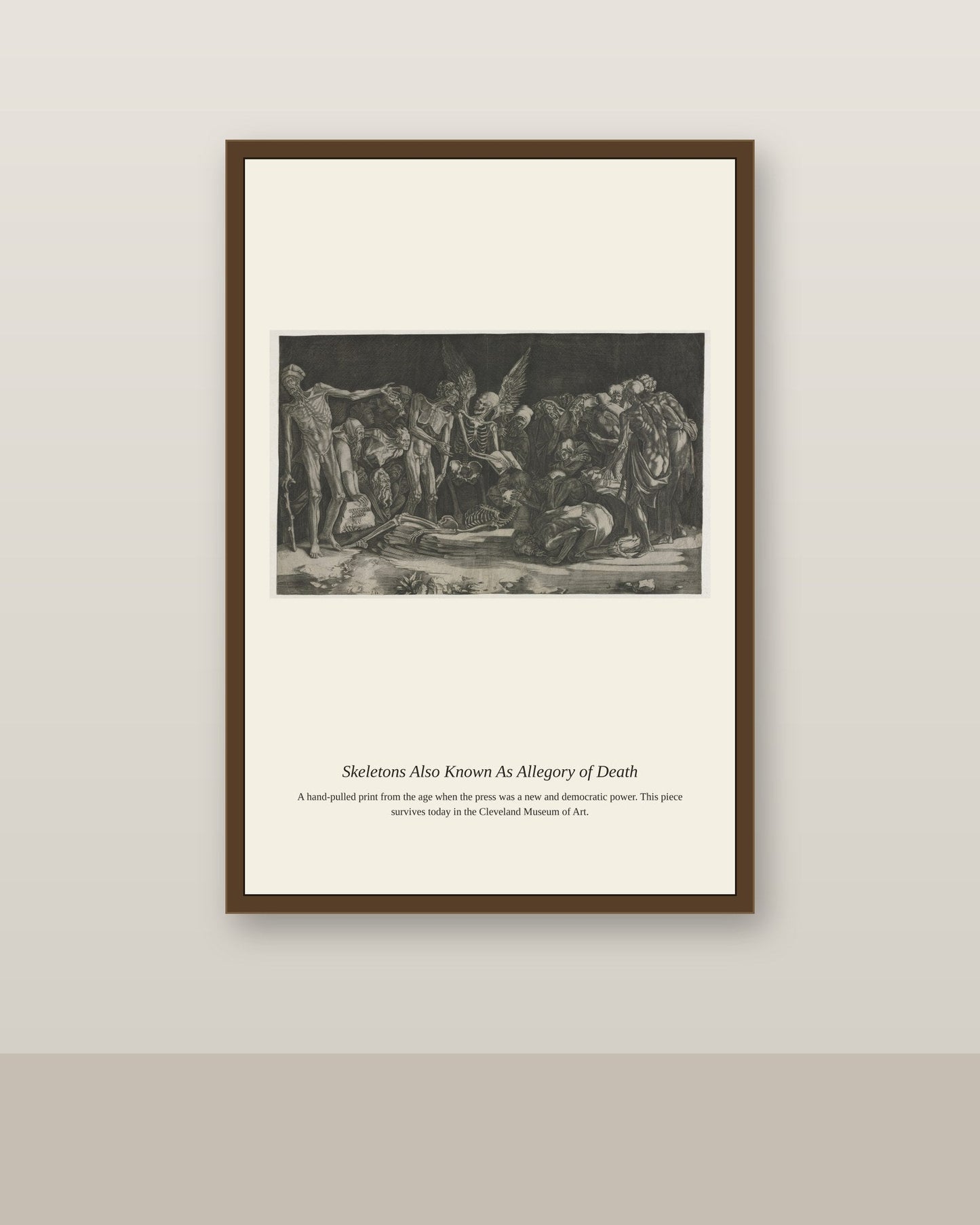 Skeletons Also Known As Allegory of Death antique scientific print shown framed on a wall in a styled room