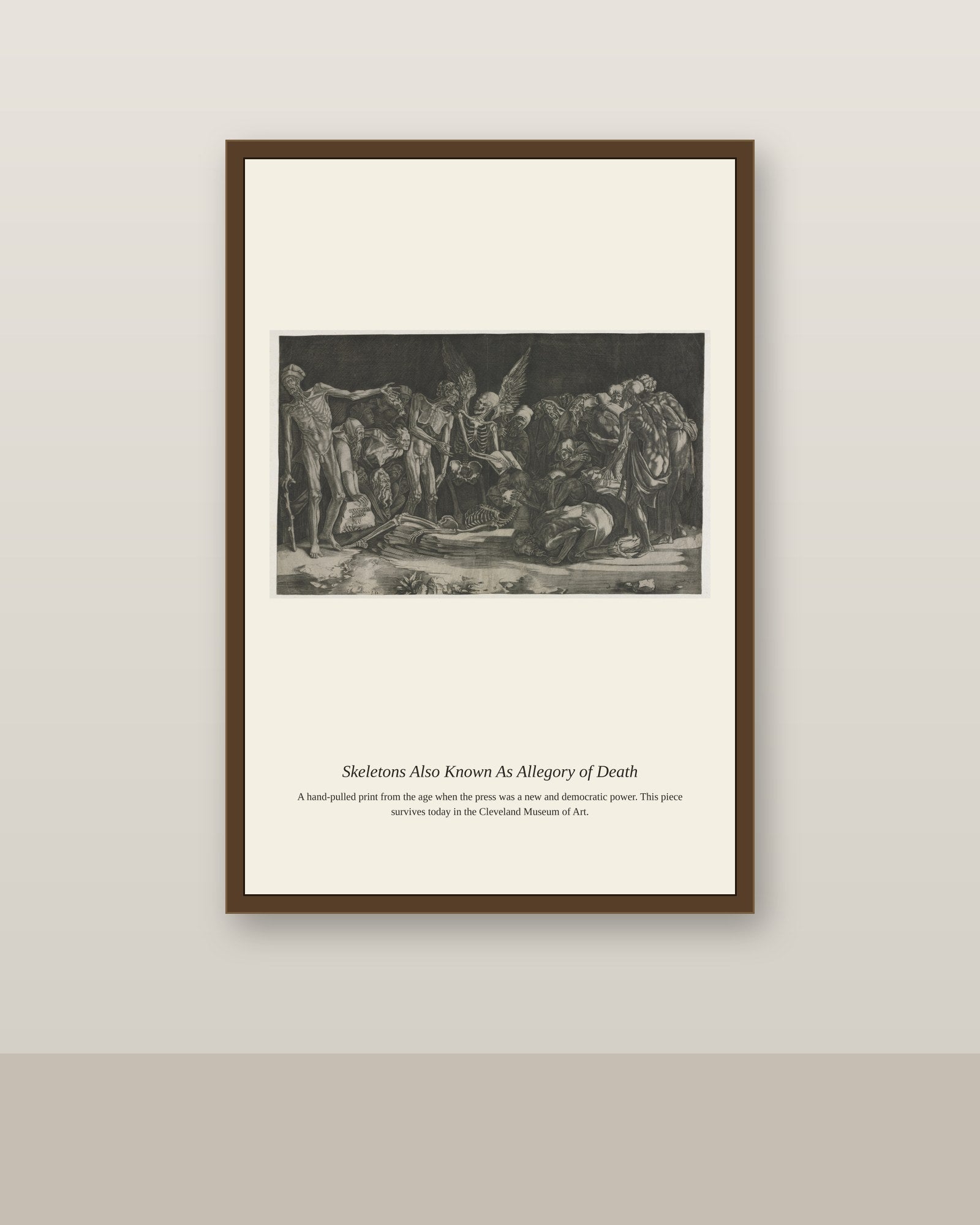 Skeletons Also Known As Allegory of Death antique scientific print shown framed on a wall in a styled room