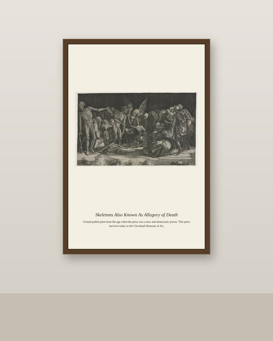Skeletons Also Known As Allegory of Death antique scientific print shown framed on a wall in a styled room