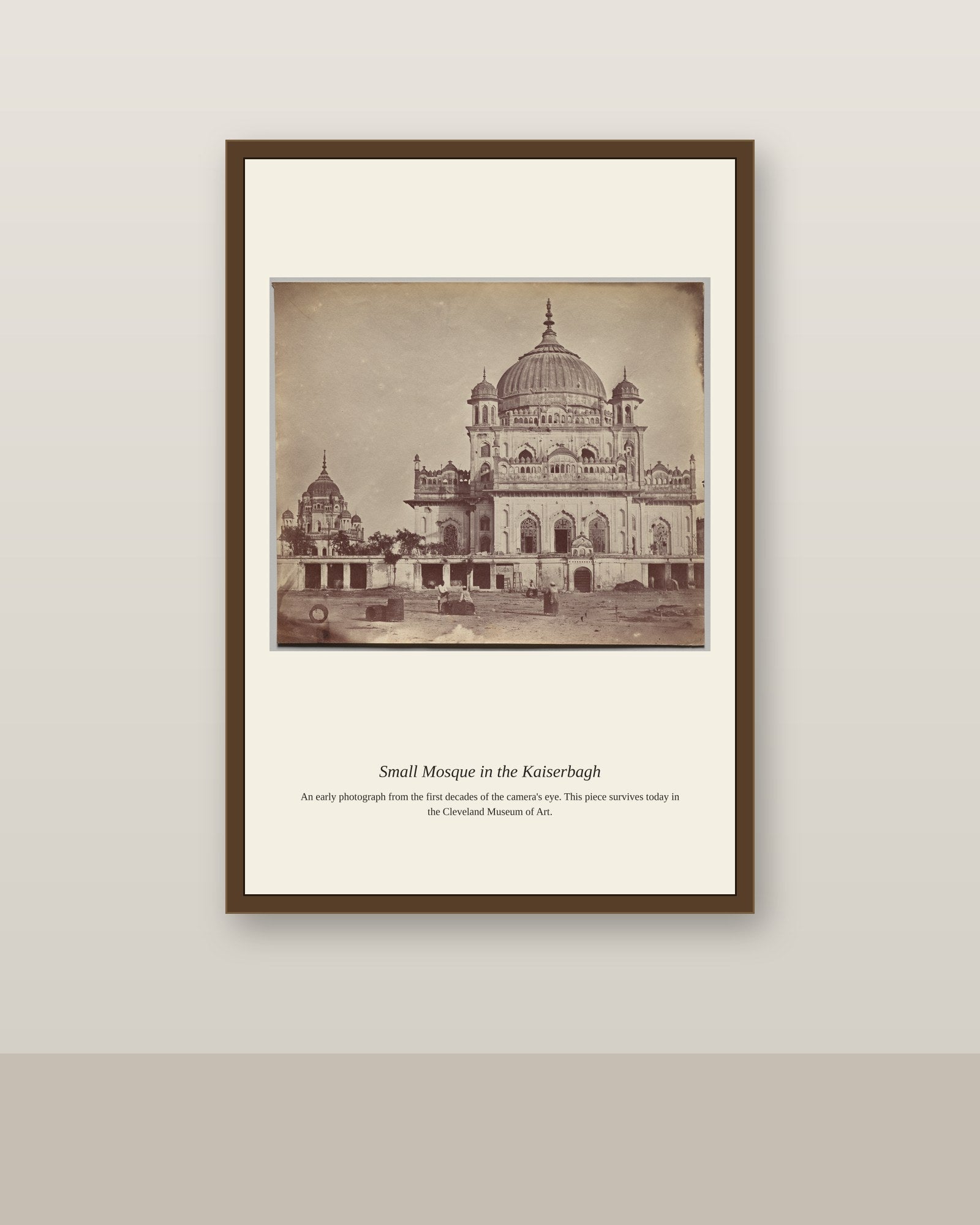 Small Mosque in the Kaiserbagh antique photograph print shown framed on a wall in a styled room