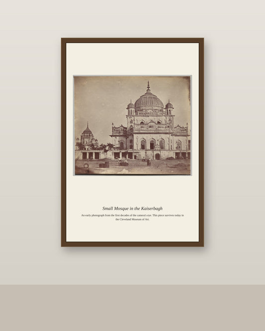 Small Mosque in the Kaiserbagh antique photograph print shown framed on a wall in a styled room
