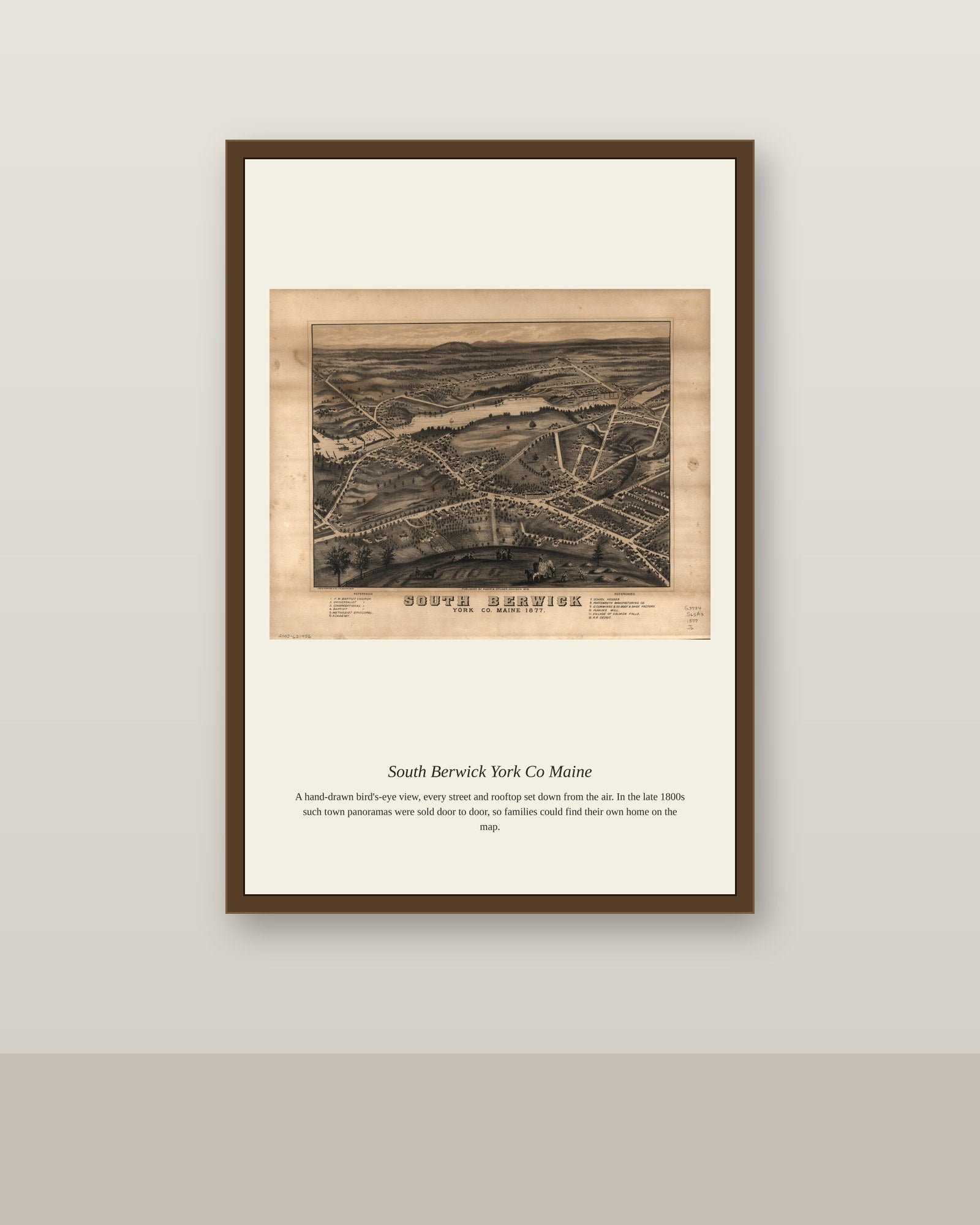 South Berwick York Co Maine antique map print shown framed on a wall in a styled room