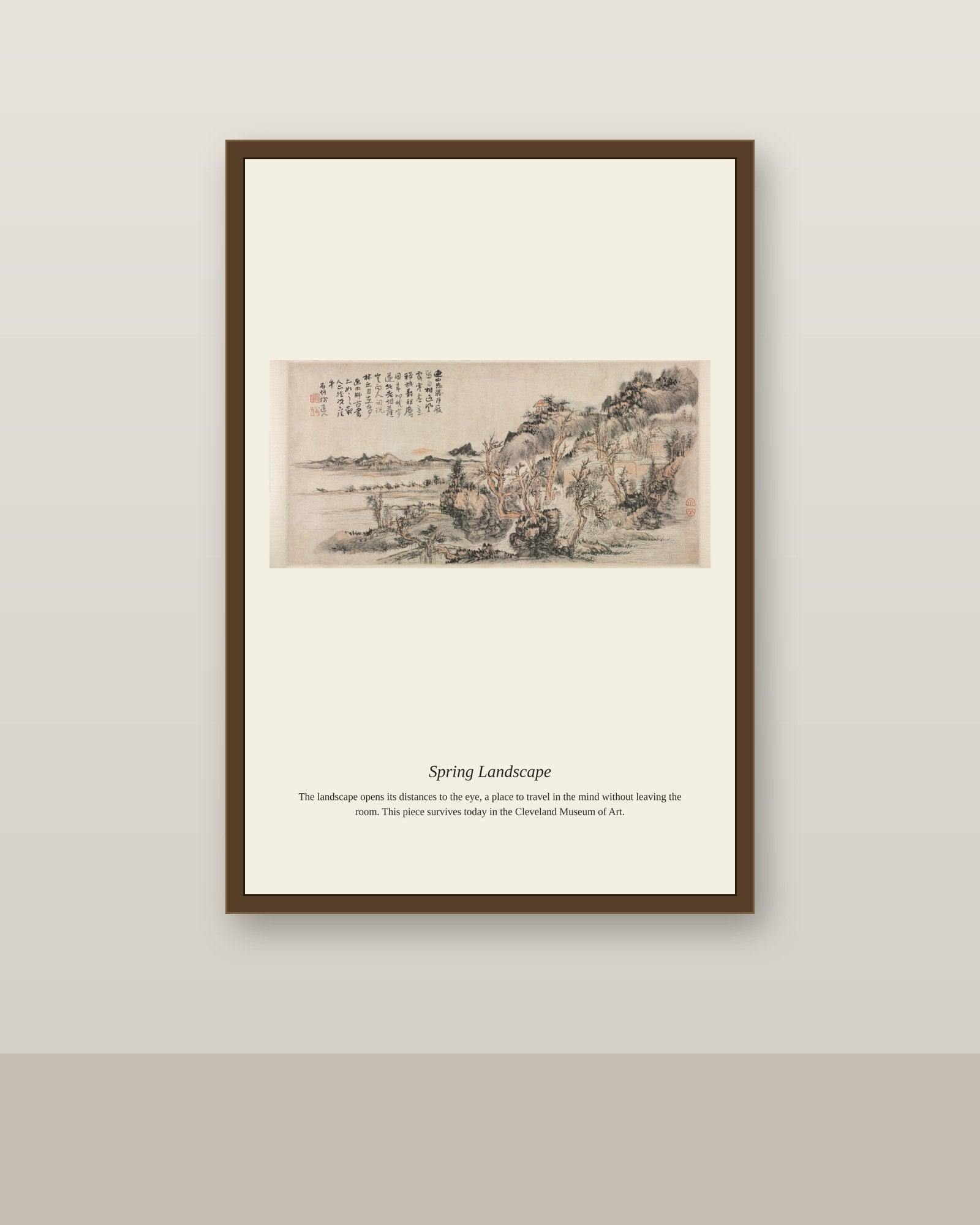 Spring Landscape antique landscape print shown framed on a wall in a styled room