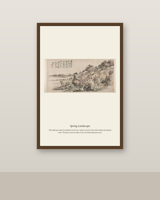 Spring Landscape antique landscape print shown framed on a wall in a styled room
