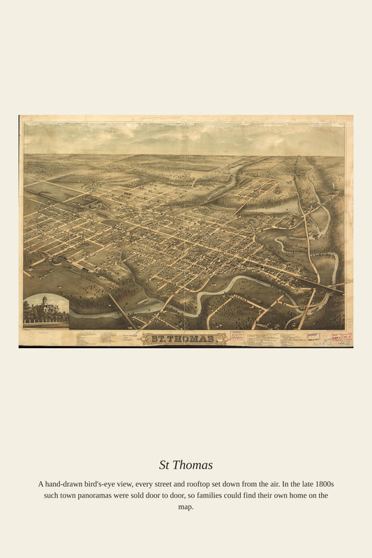 St Thomas antique map print, sepia bird's-eye lithograph of town with grid streets and title label, cream mat border