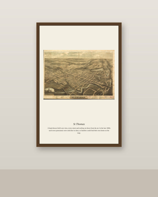 St Thomas antique map print shown framed on a wall in a styled room