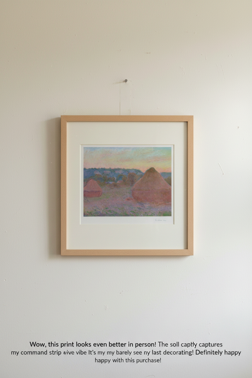 A framed art print featuring a pastel landscape of conical haystacks under a soft sky, displayed on a light beige wall with a small hanging string. The print is housed in a light wood frame with a white mat.