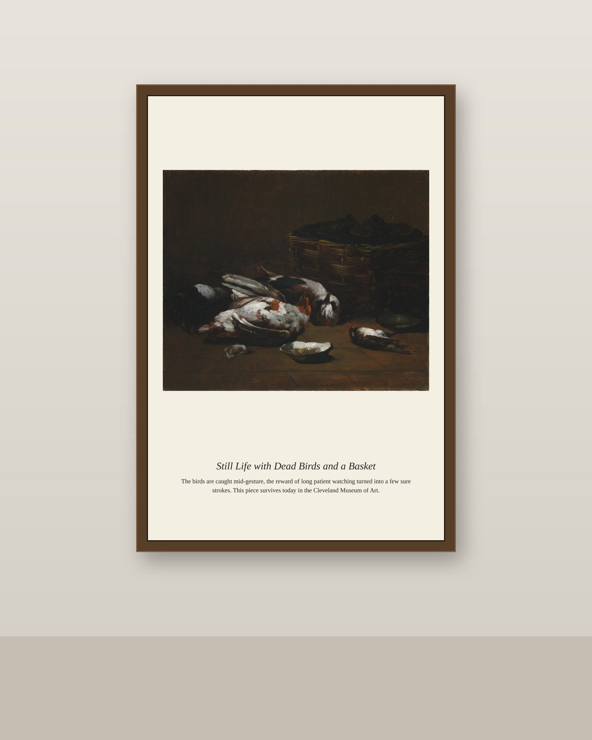 Still Life with Dead Birds antique natural history print shown framed on a wall in a styled room
