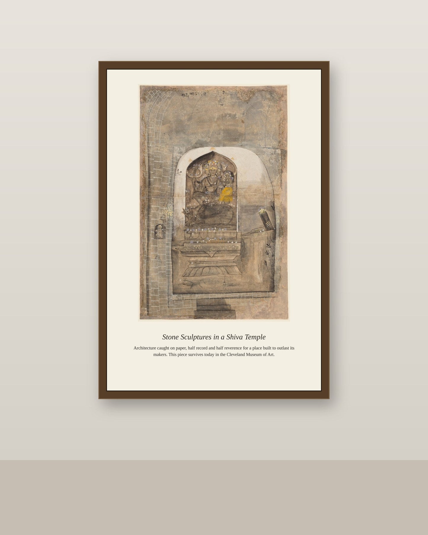 Stone Sculptures in a Shiva Temple antique religious art print shown framed on a wall in a styled room