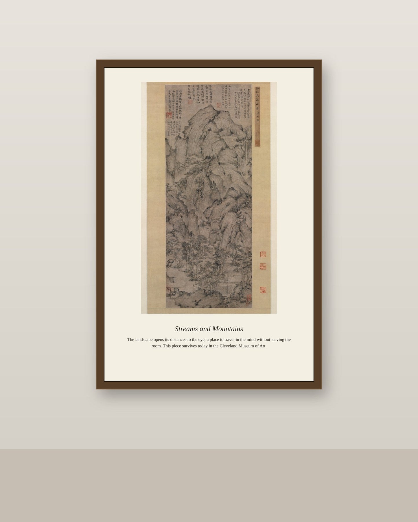 Streams and Mountains antique landscape print shown framed on a wall in a styled room