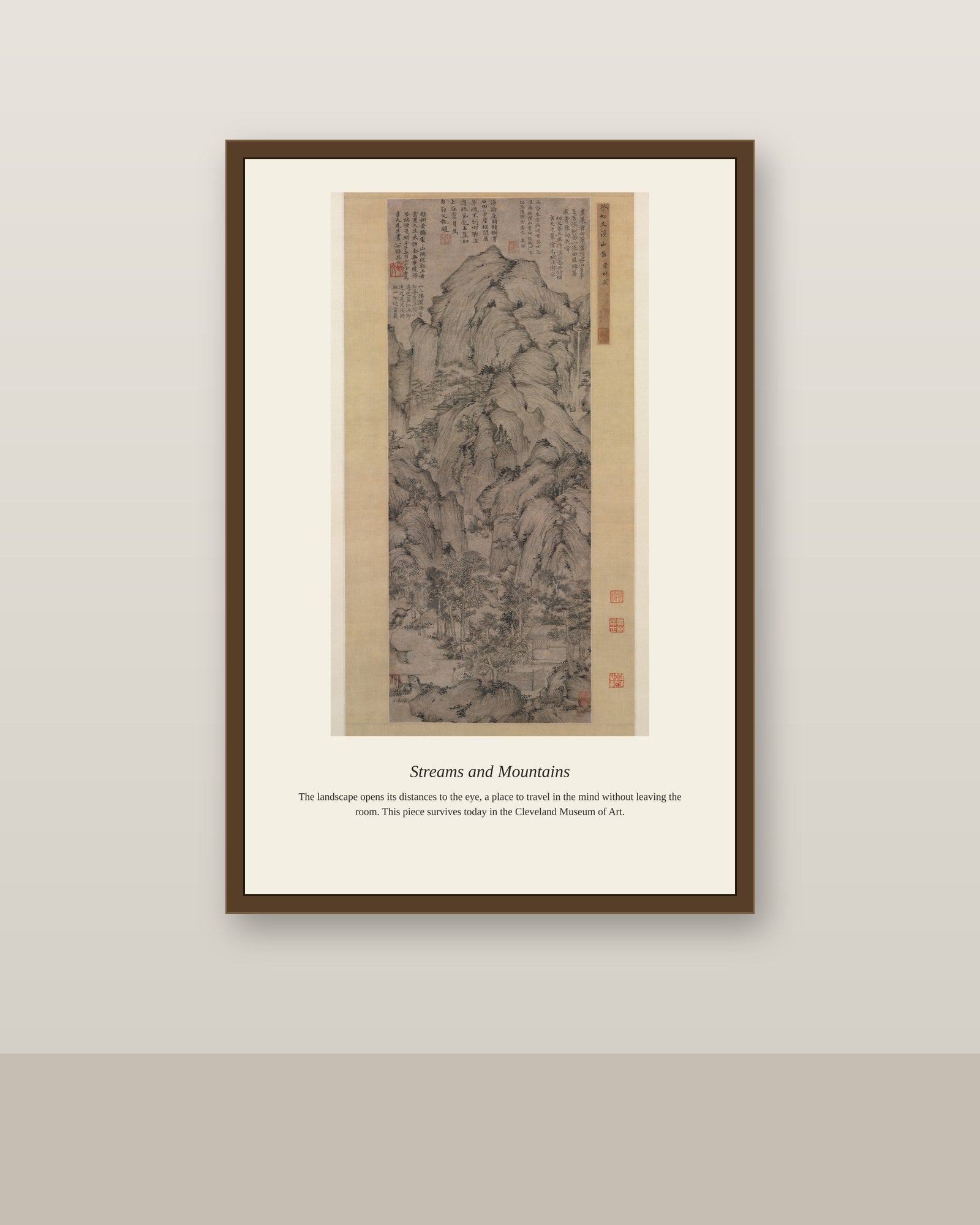 Streams and Mountains antique landscape print shown framed on a wall in a styled room