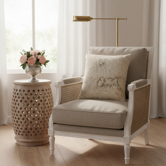 A beige upholstered armchair with woven cane sides and a matching decorative throw pillow, styled in a bright living room next to a perforated side table with pink flowers.