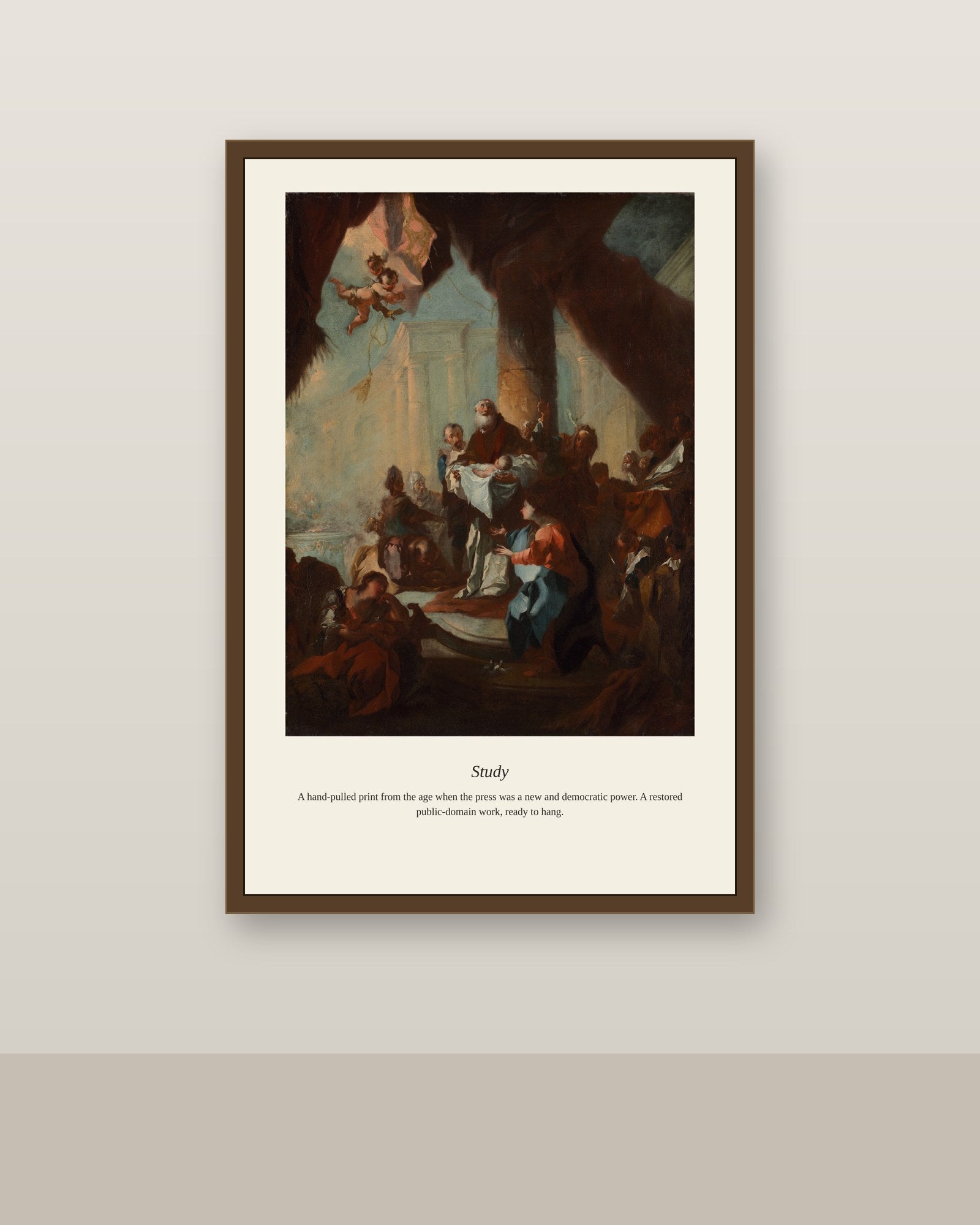 Study antique art print shown framed on a wall in a styled room
