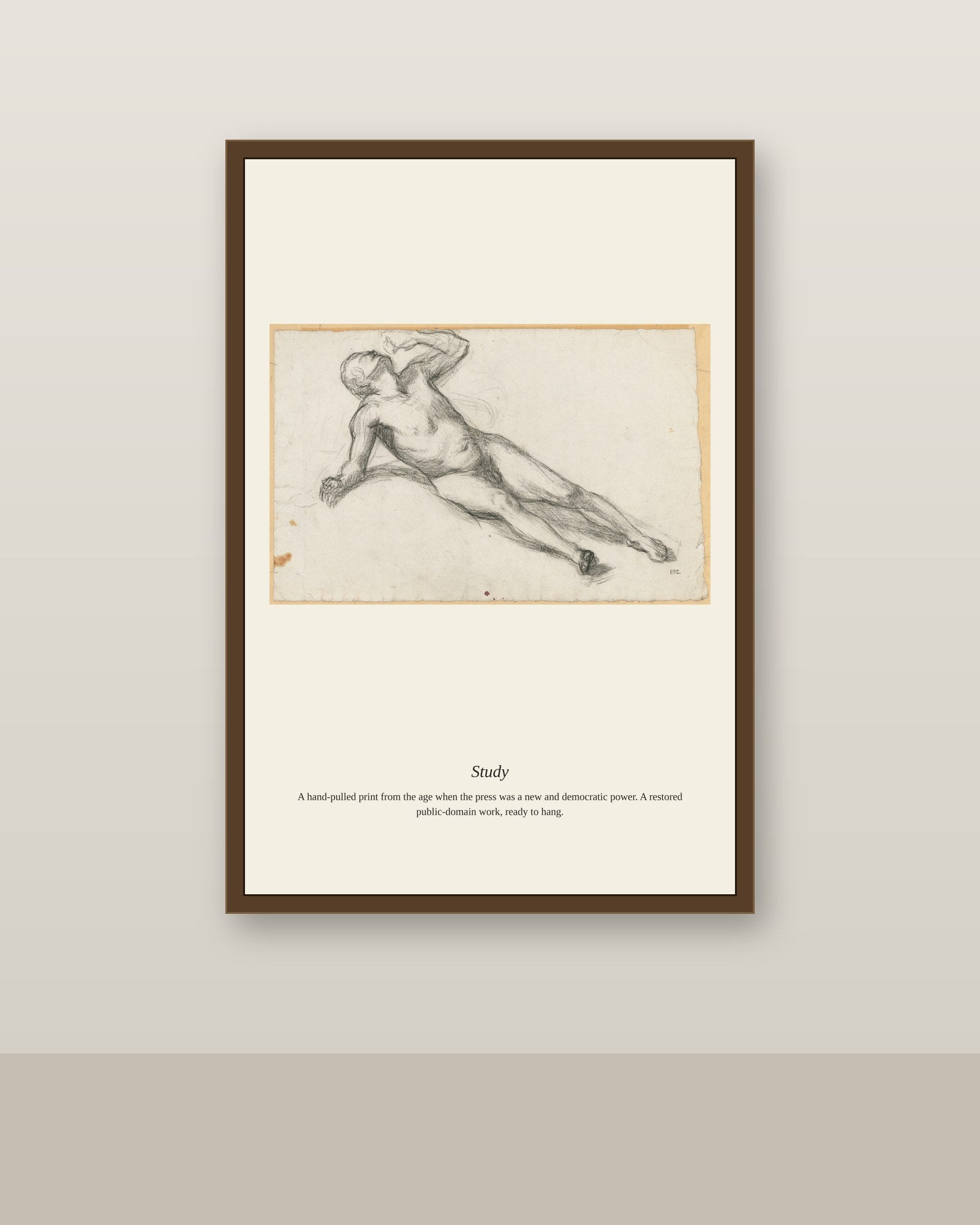 Study (2) antique art print shown framed on a wall in a styled room