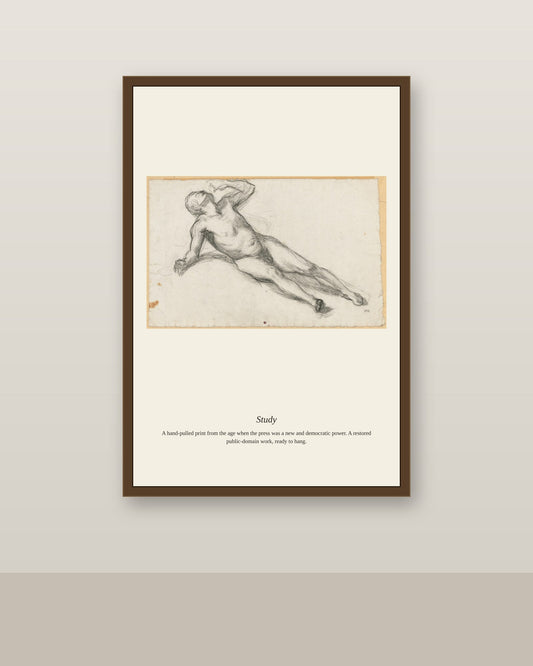 Study (2) antique art print shown framed on a wall in a styled room