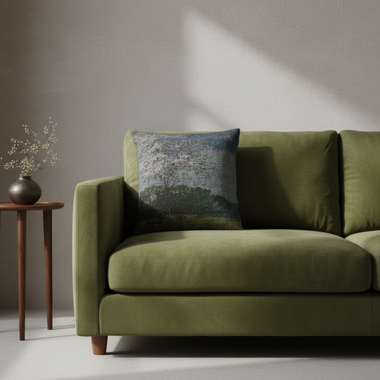 An olive green velvet sofa in a modern living room setting, featuring a square throw pillow with a textured landscape print of a flowering tree.
