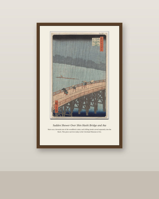 Sudden Shower Over Shin Hashi Bridge antique architectural print shown framed on a wall in a styled room