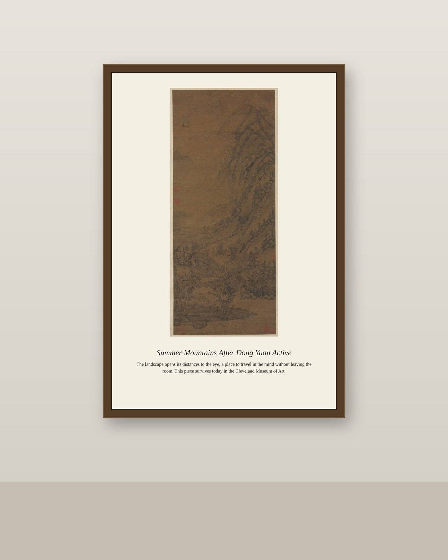 Summer Mountains After Dong Yuan Active antique landscape print shown framed on a wall in a styled room