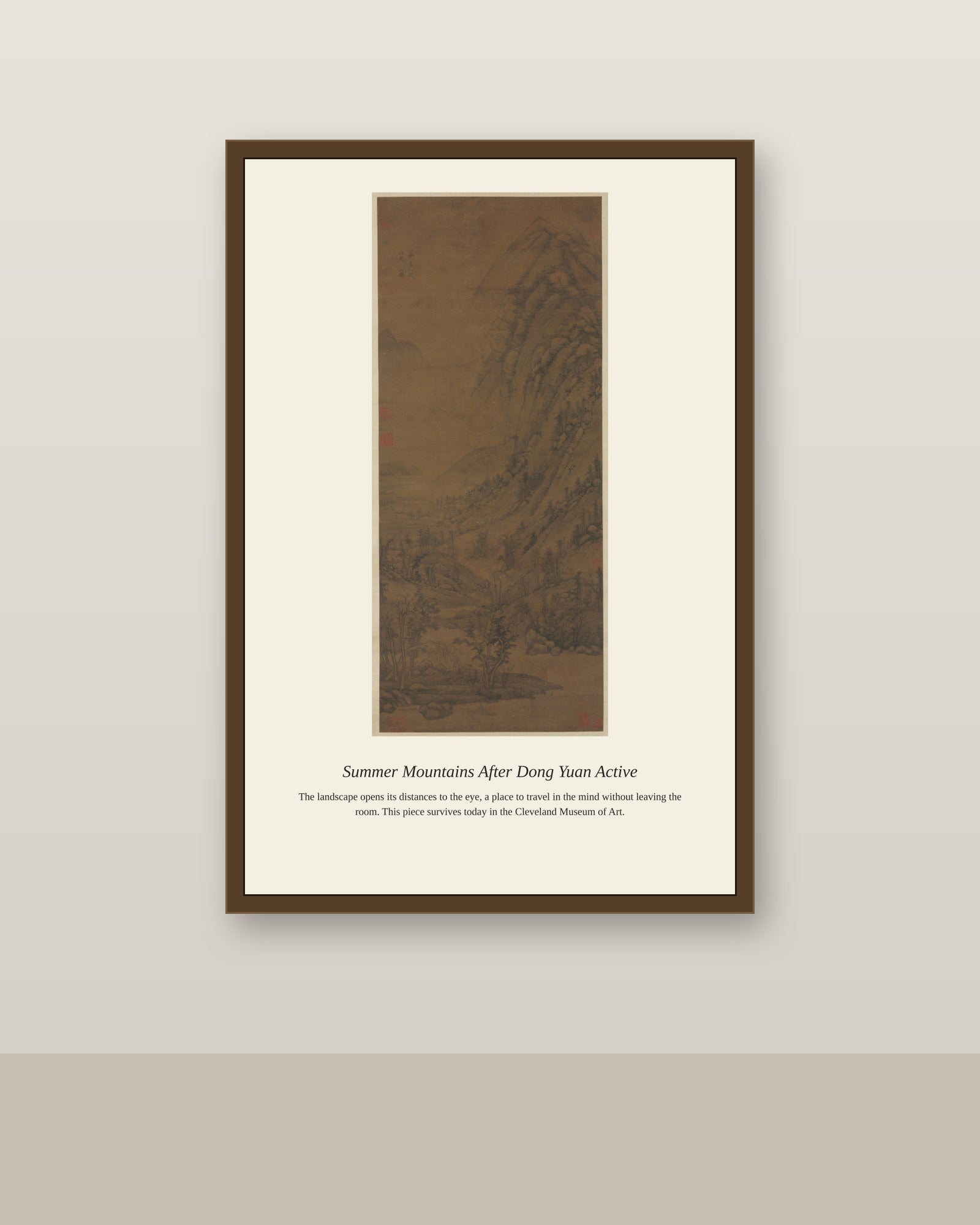 Summer Mountains After Dong Yuan Active antique landscape print shown framed on a wall in a styled room