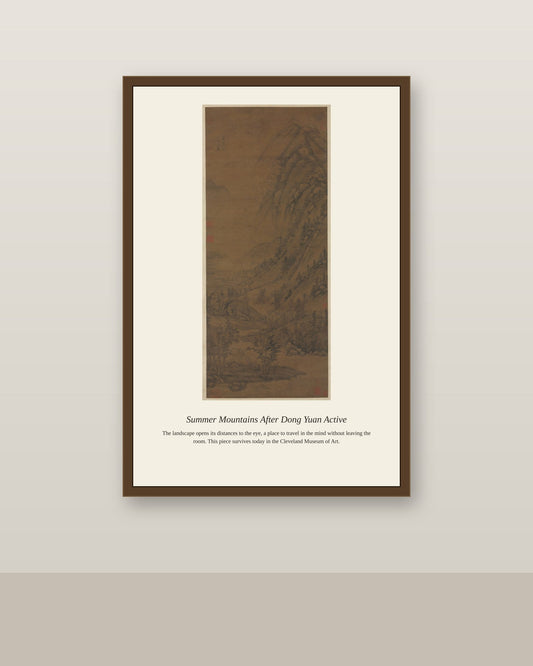 Summer Mountains After Dong Yuan Active antique landscape print shown framed on a wall in a styled room