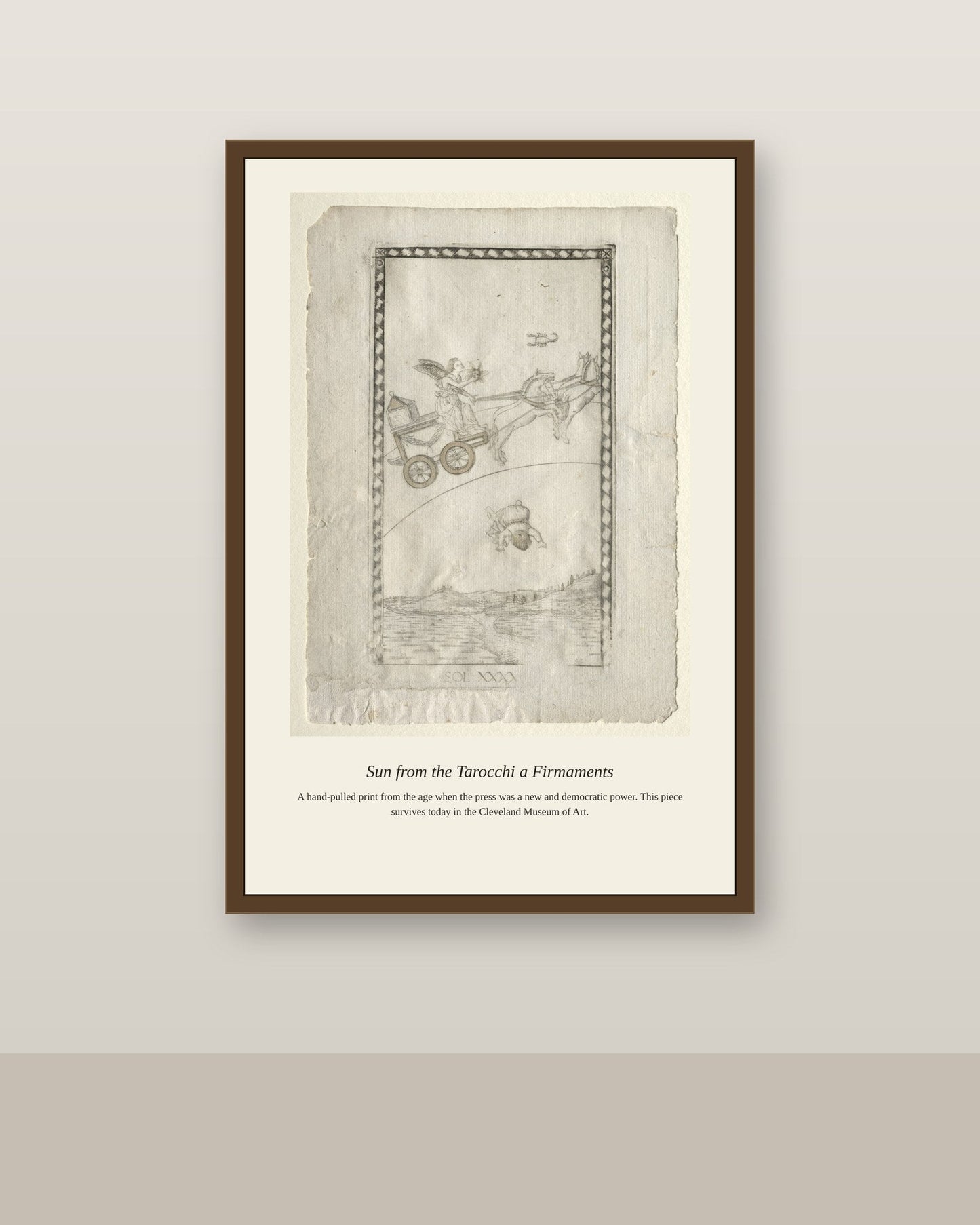 Sun, Mantegna Tarocchi antique celestial print shown framed on a wall in a styled room