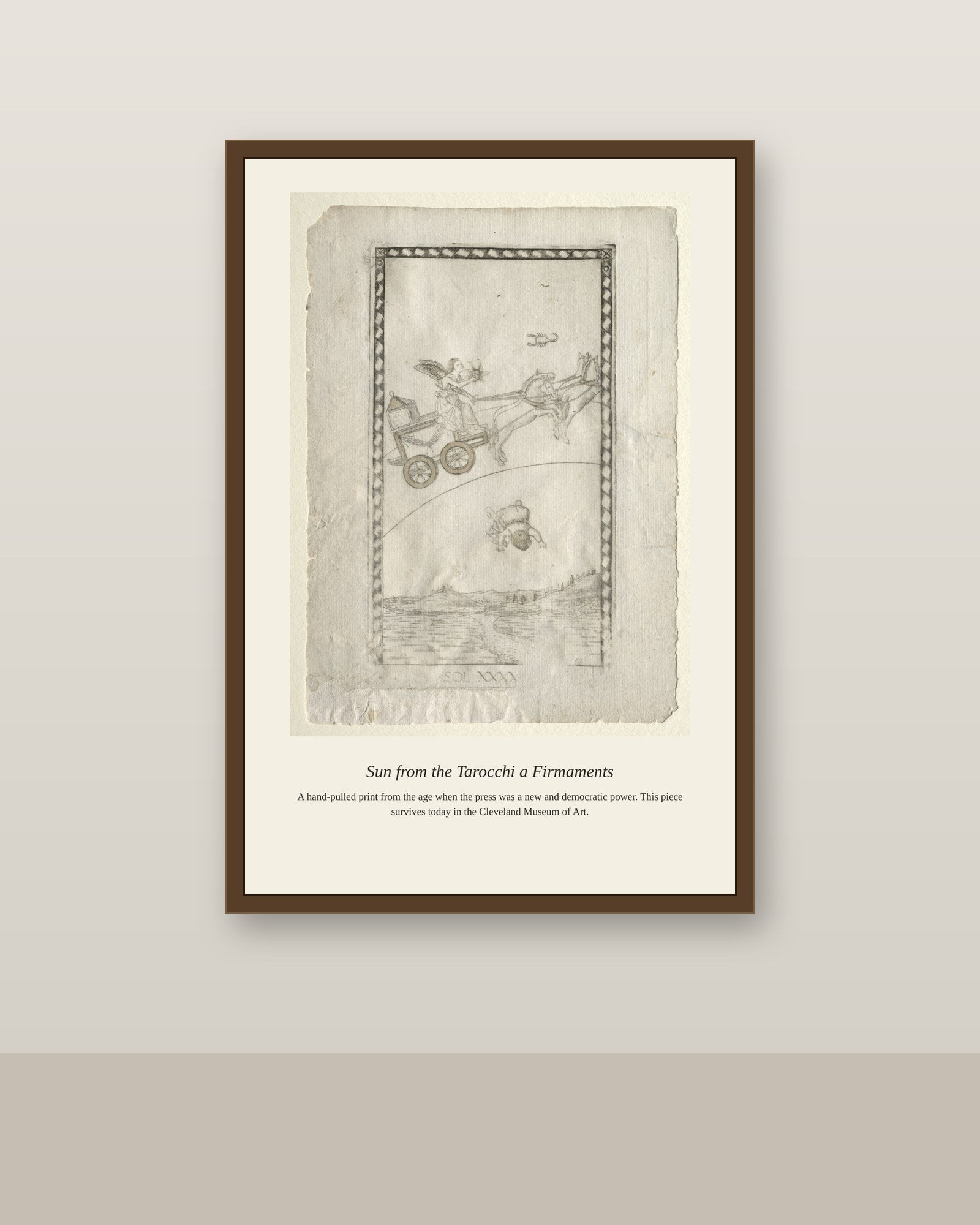 Sun, Mantegna Tarocchi antique celestial print shown framed on a wall in a styled room