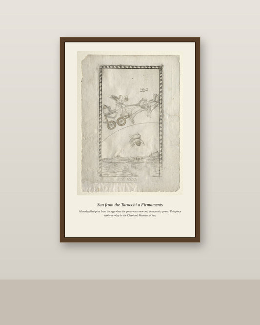 Sun, Mantegna Tarocchi antique celestial print shown framed on a wall in a styled room