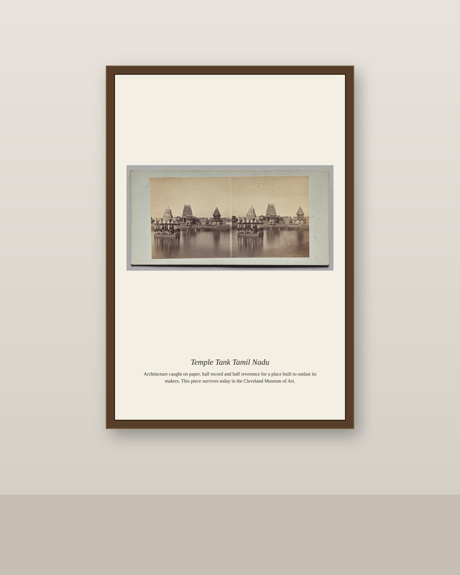 Temple Tank Tamil Nadu antique architectural print shown framed on a wall in a styled room