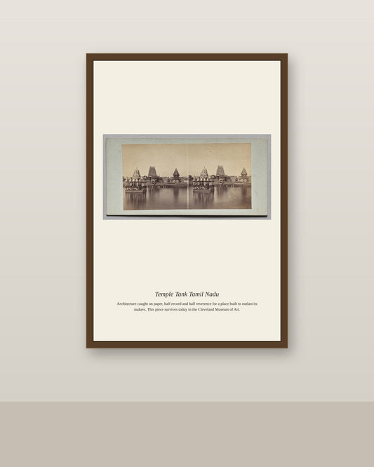 Temple Tank Tamil Nadu antique architectural print shown framed on a wall in a styled room