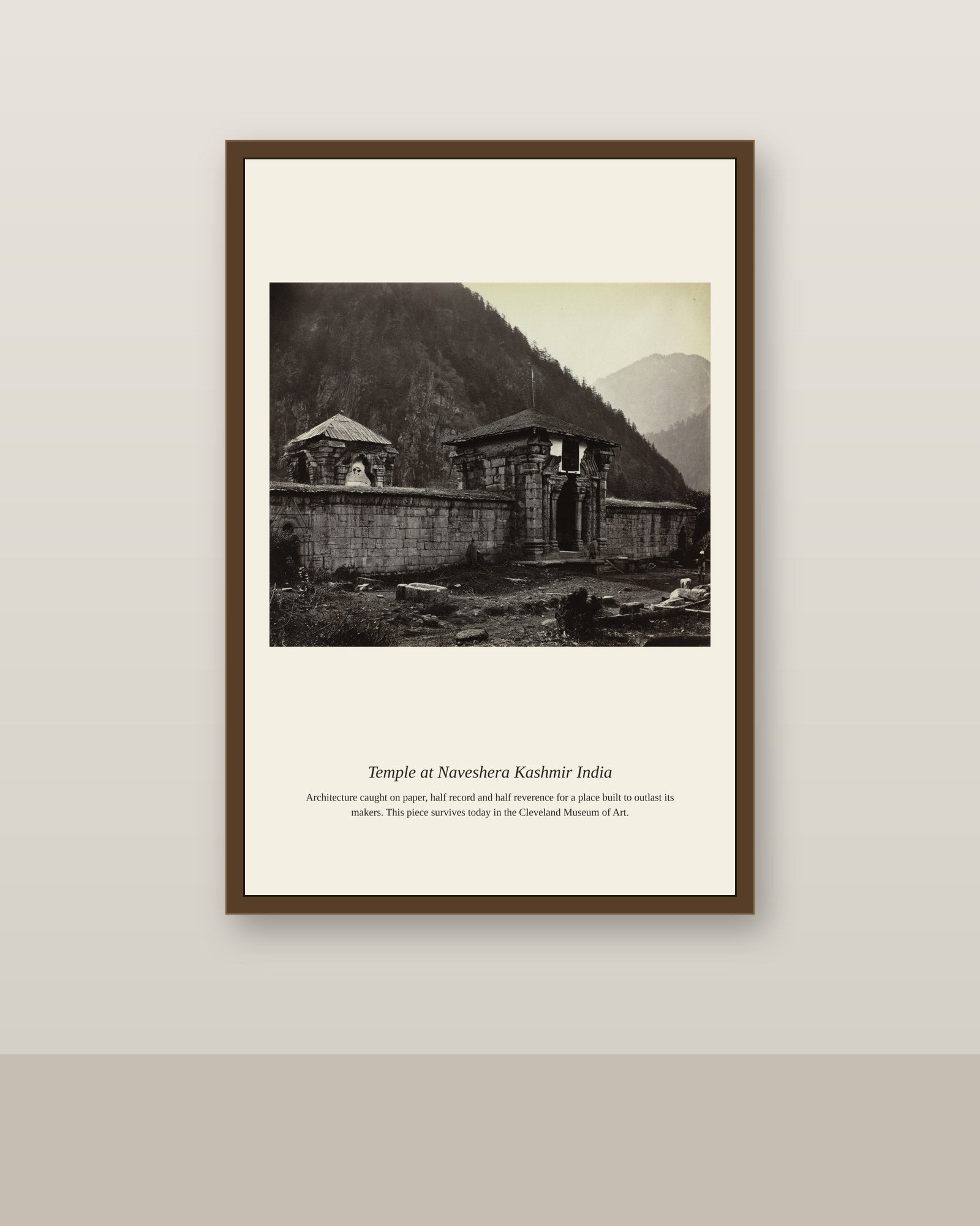 Temple at Naveshera Kashmir India antique architectural print shown framed on a wall in a styled room