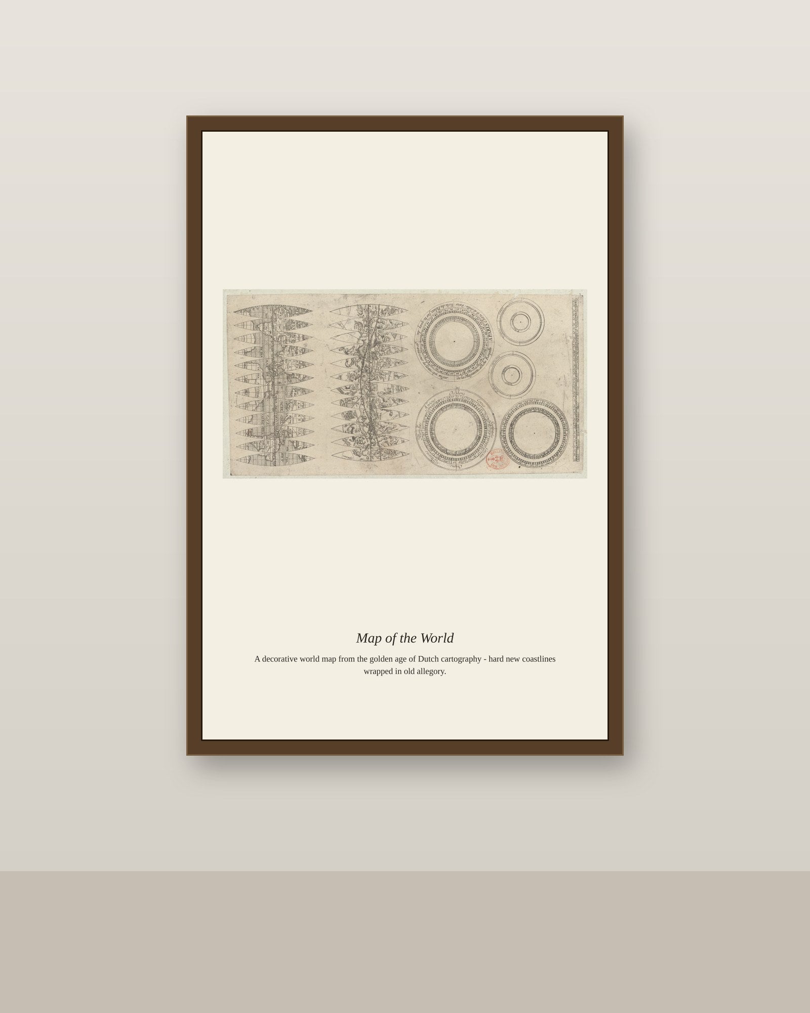 Terrestrial and Celestial Globes antique art print shown framed on a wall in a styled room