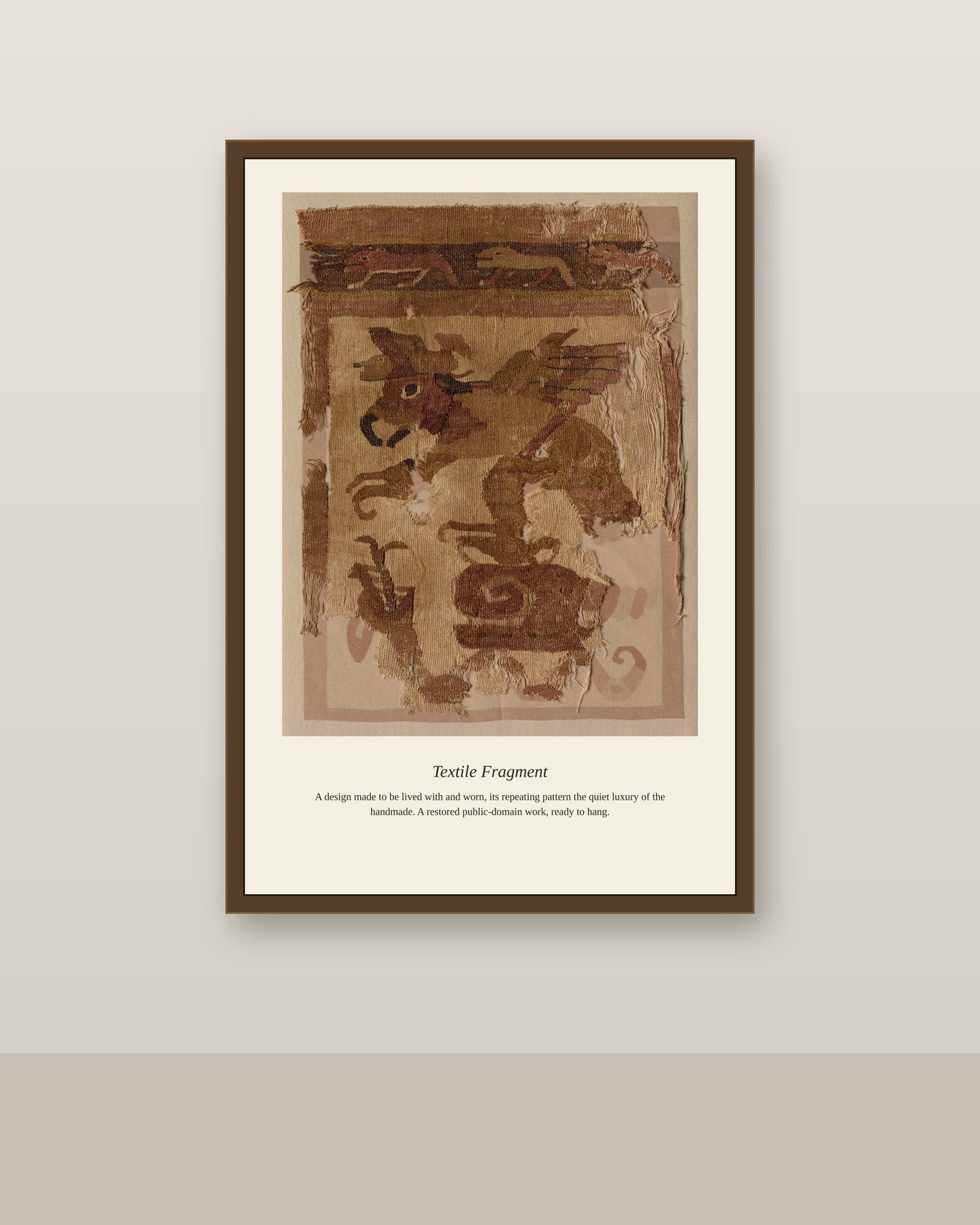 Textile Fragment antique textile print shown framed on a wall in a styled room