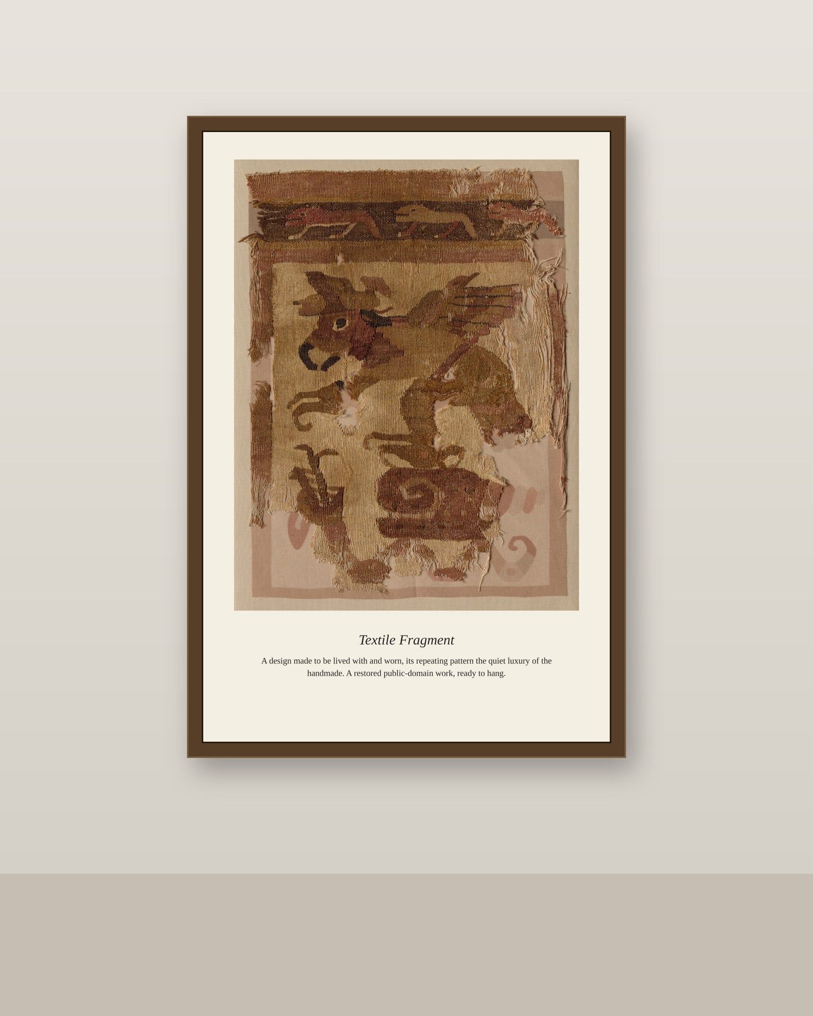 Textile Fragment antique textile print shown framed on a wall in a styled room