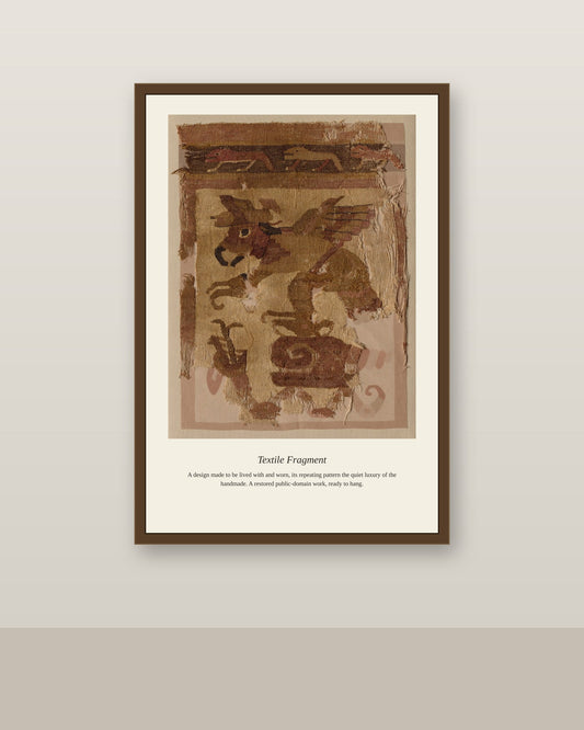 Textile Fragment antique textile print shown framed on a wall in a styled room