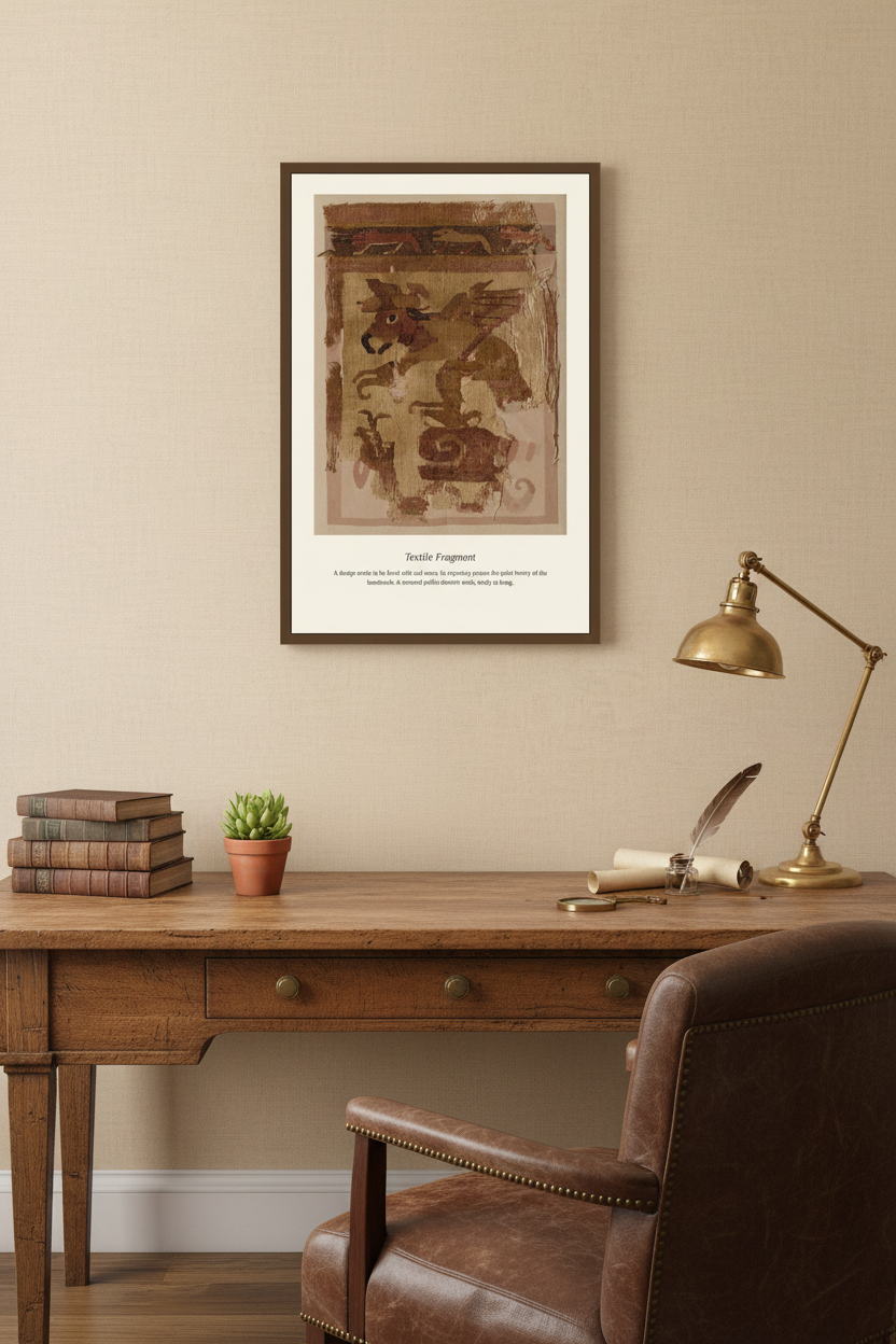 A framed art print depicting 'Scalpers of the Ninth Cavalry' mounted on a beige wall above a wooden desk with a brass lamp, books, and a leather chair.